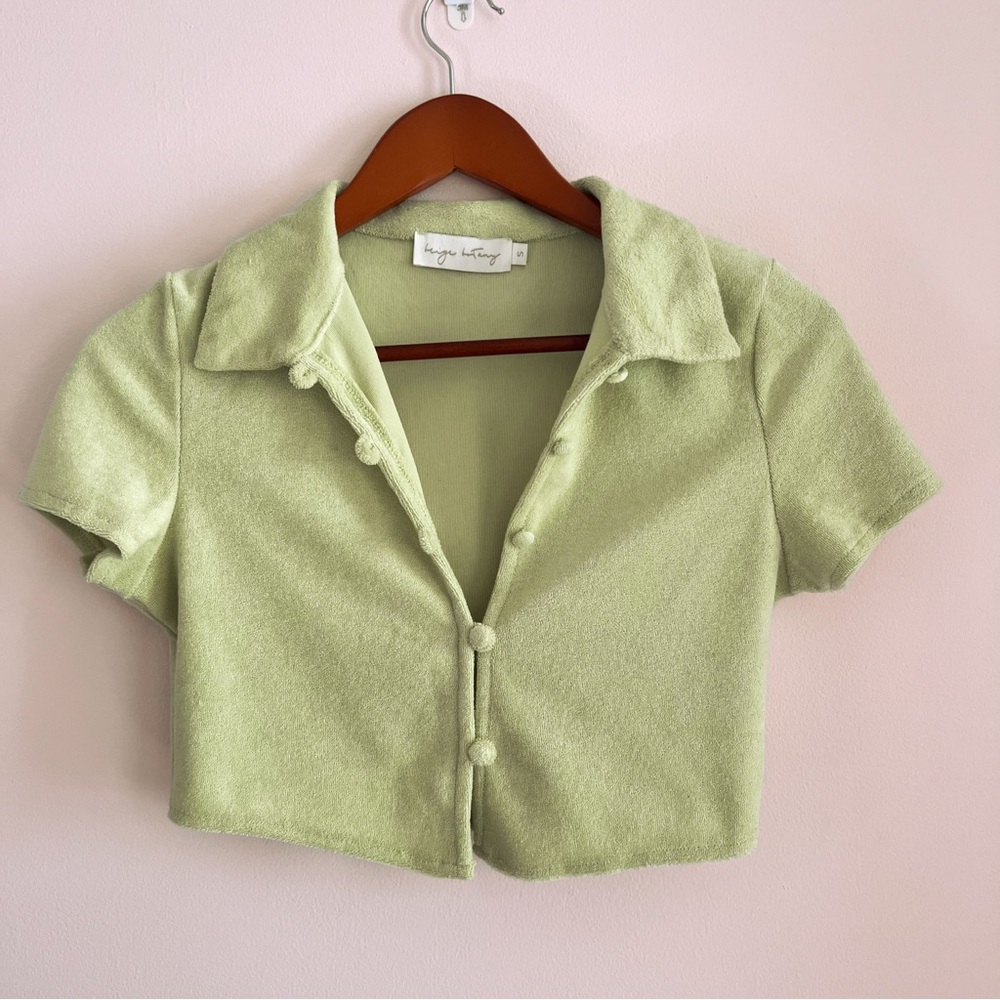 Beige Botany Terry Cloth Cropped Lime Green Button Up Top sz Small
